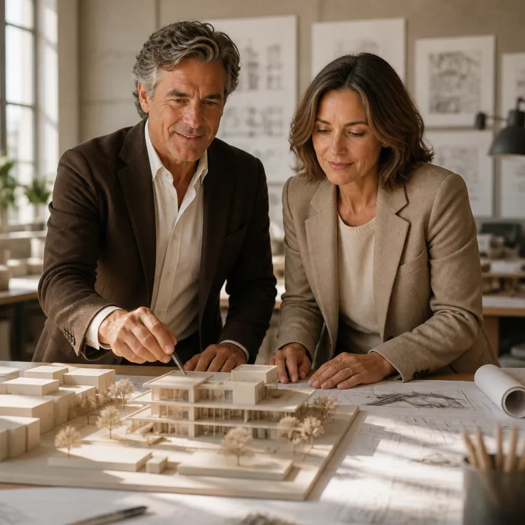 Two Linea principals reviewing a massing model at a daylit worktable