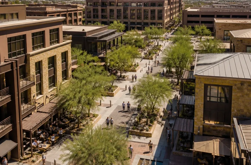 Aerial of a walkable mixed-use district with shaded paseos and desert trees